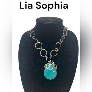 NEW Lia Sophia Shore Line turquoise stone with long silver rings links necklace